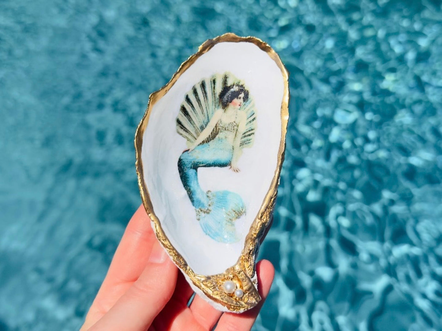 Mermaid Oyster Shell Dish, Handmade Coastal Trinket Jewelry Holder with Pearls and Vintage Mermaid
