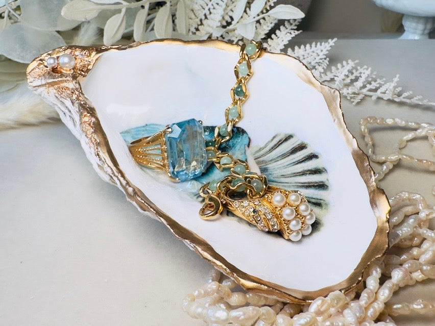 Mermaid Oyster Shell Dish, Handmade Coastal Trinket Jewelry Holder with Pearls and Vintage Mermaid