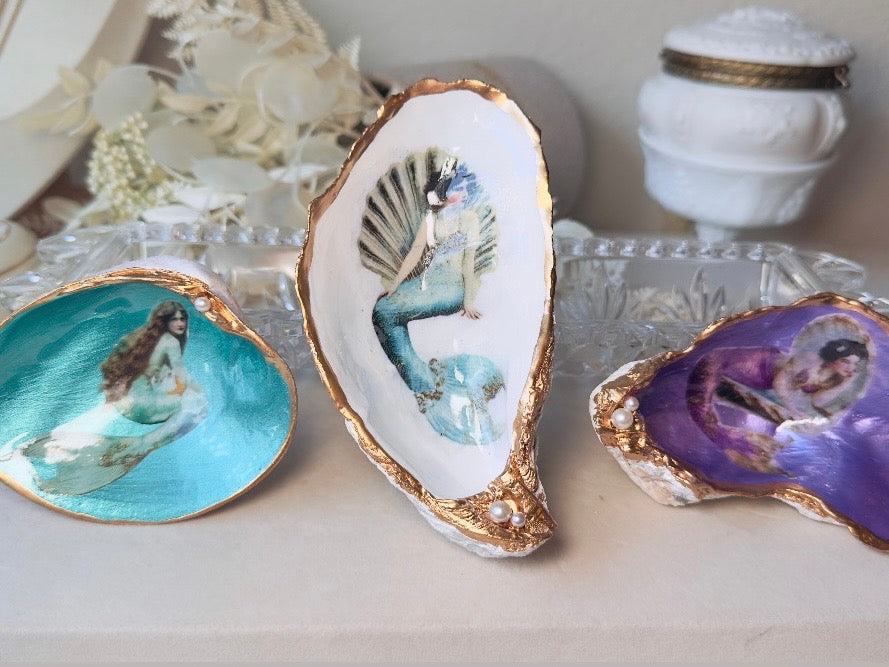 Mermaid Oyster Shell Dish, Handmade Coastal Trinket Jewelry Holder with Pearls and Vintage Mermaid