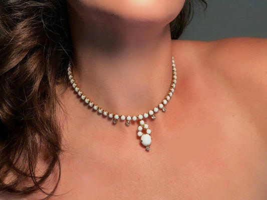 Milk Glass Choker Necklace, Art Deco Vintage Gold Necklace with Prong Set Rhinestones and Glass