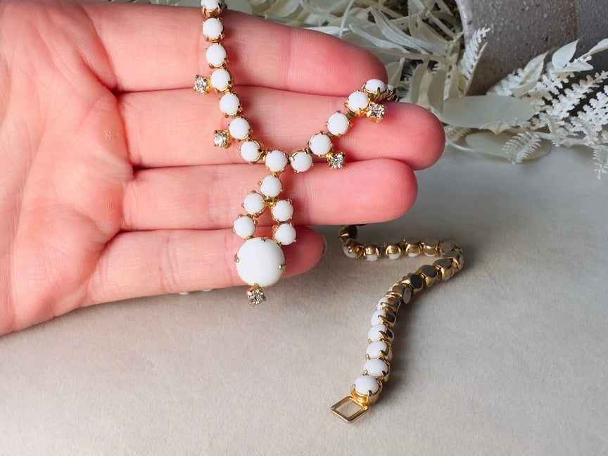 Milk Glass Choker Necklace, Art Deco Vintage Gold Necklace with Prong Set Rhinestones and Glass