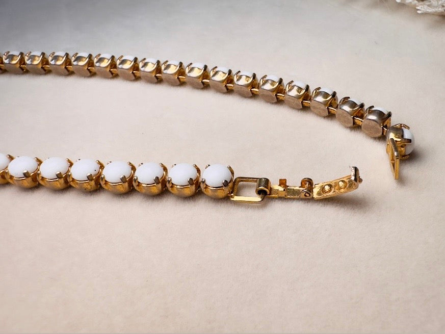 Milk Glass Choker Necklace, Art Deco Vintage Gold Necklace with Prong Set Rhinestones and Glass