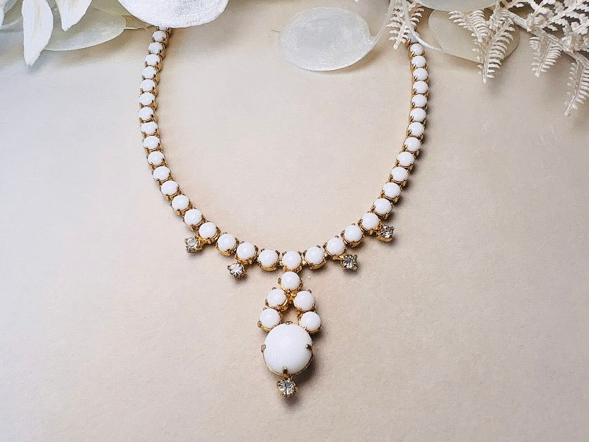 Milk Glass Choker Necklace, Art Deco Vintage Gold Necklace with Prong Set Rhinestones and Glass