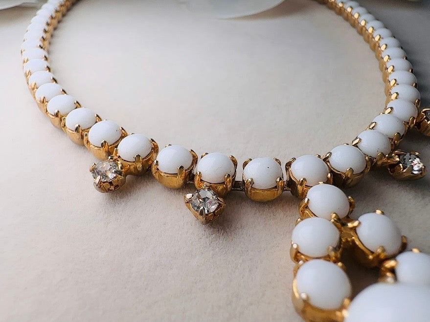 Milk Glass Choker Necklace, Art Deco Vintage Gold Necklace with Prong Set Rhinestones and Glass