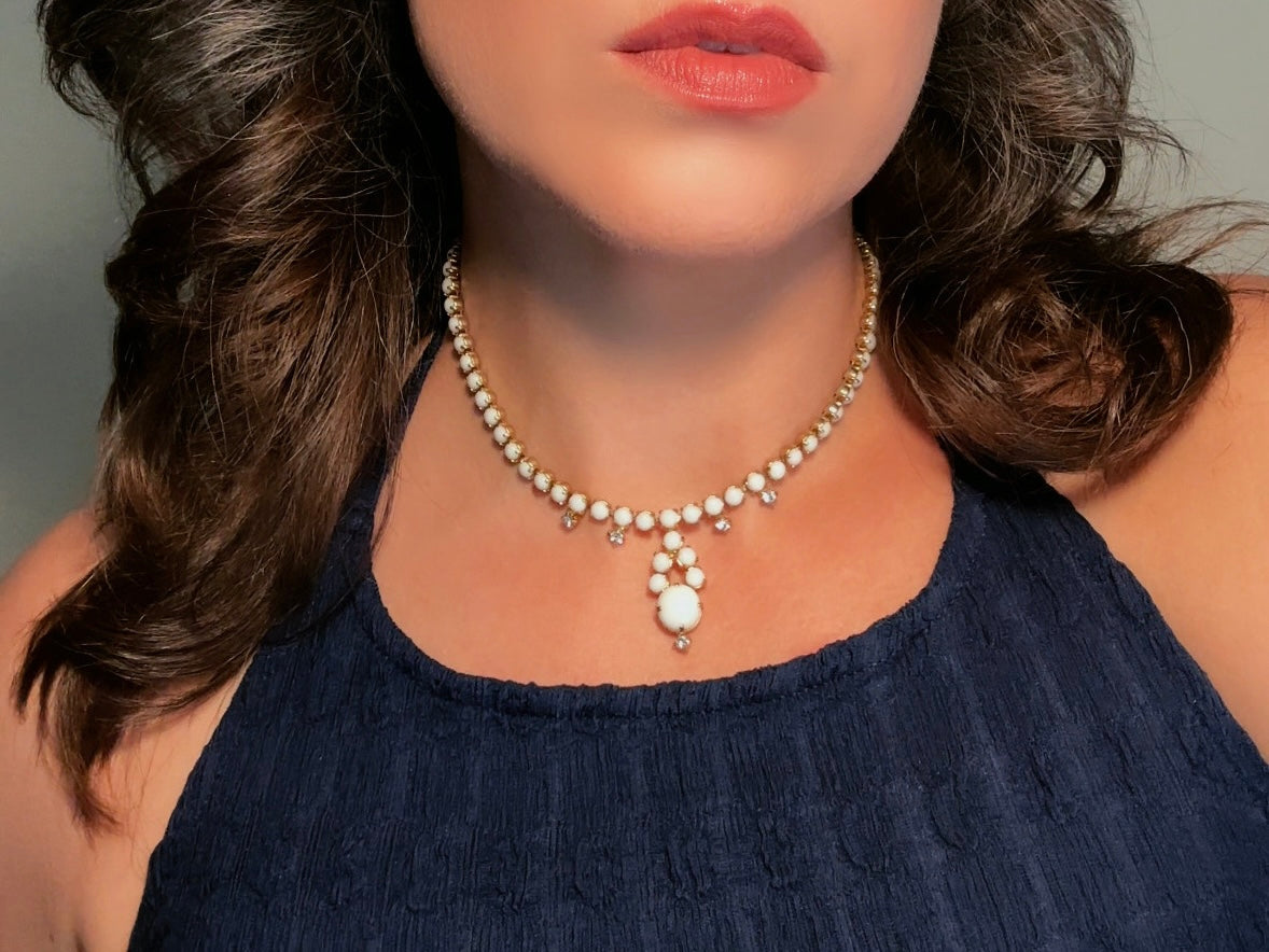 Milk Glass Choker Necklace, Art Deco Vintage Gold Necklace with Prong Set Rhinestones and Glass