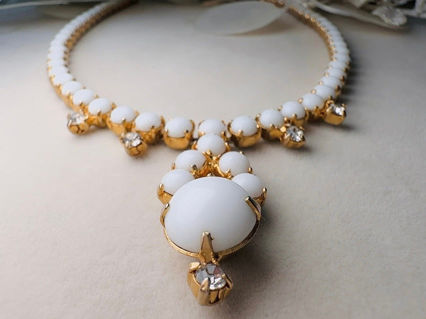 Milk Glass Choker Necklace, Art Deco Vintage Gold Necklace with Prong Set Rhinestones and Glass