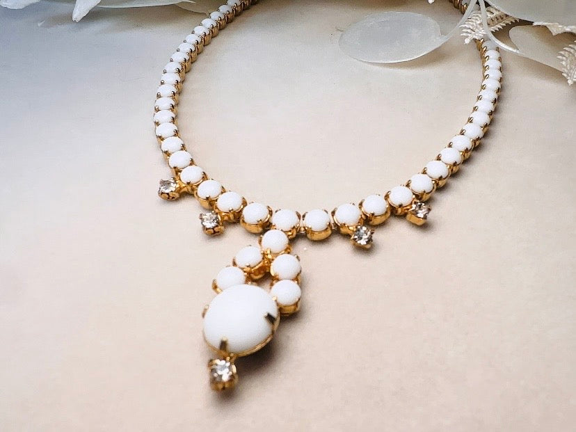 Milk Glass Choker Necklace, Art Deco Vintage Gold Necklace with Prong Set Rhinestones and Glass