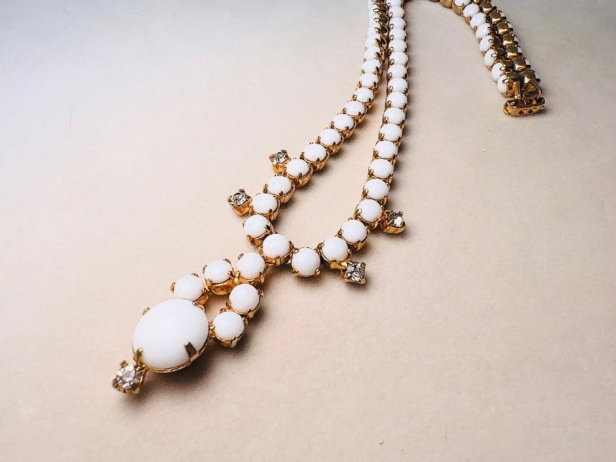 Milk Glass Choker Necklace, Art Deco Vintage Gold Necklace with Prong Set Rhinestones and Glass
