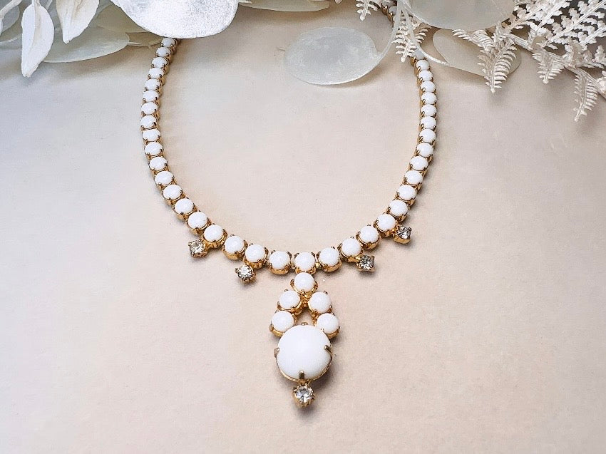 Milk Glass Choker Necklace, Art Deco Vintage Gold Necklace with Prong Set Rhinestones and Glass