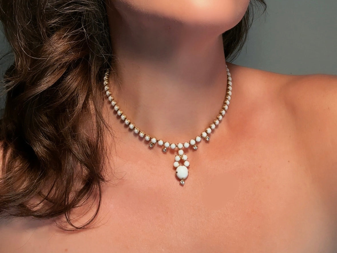 Milk Glass Choker Necklace, Art Deco Vintage Gold Necklace with Prong Set Rhinestones and Glass