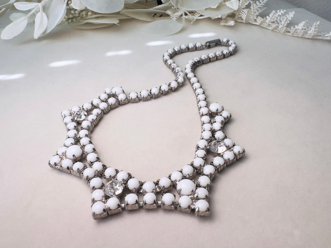 Milk Glass Choker Necklace, Art Deco Vintage Silver Necklace with Prong Set Rhinestones and Glass