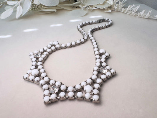 Milk Glass Choker Necklace, Art Deco Vintage Silver Necklace with Prong Set Rhinestones and Glass