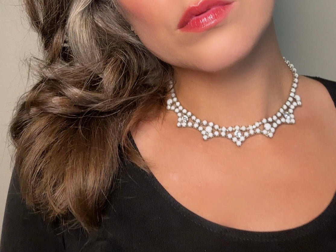 Milk Glass Choker Necklace, Art Deco Vintage Silver Necklace with Prong Set Rhinestones and Glass