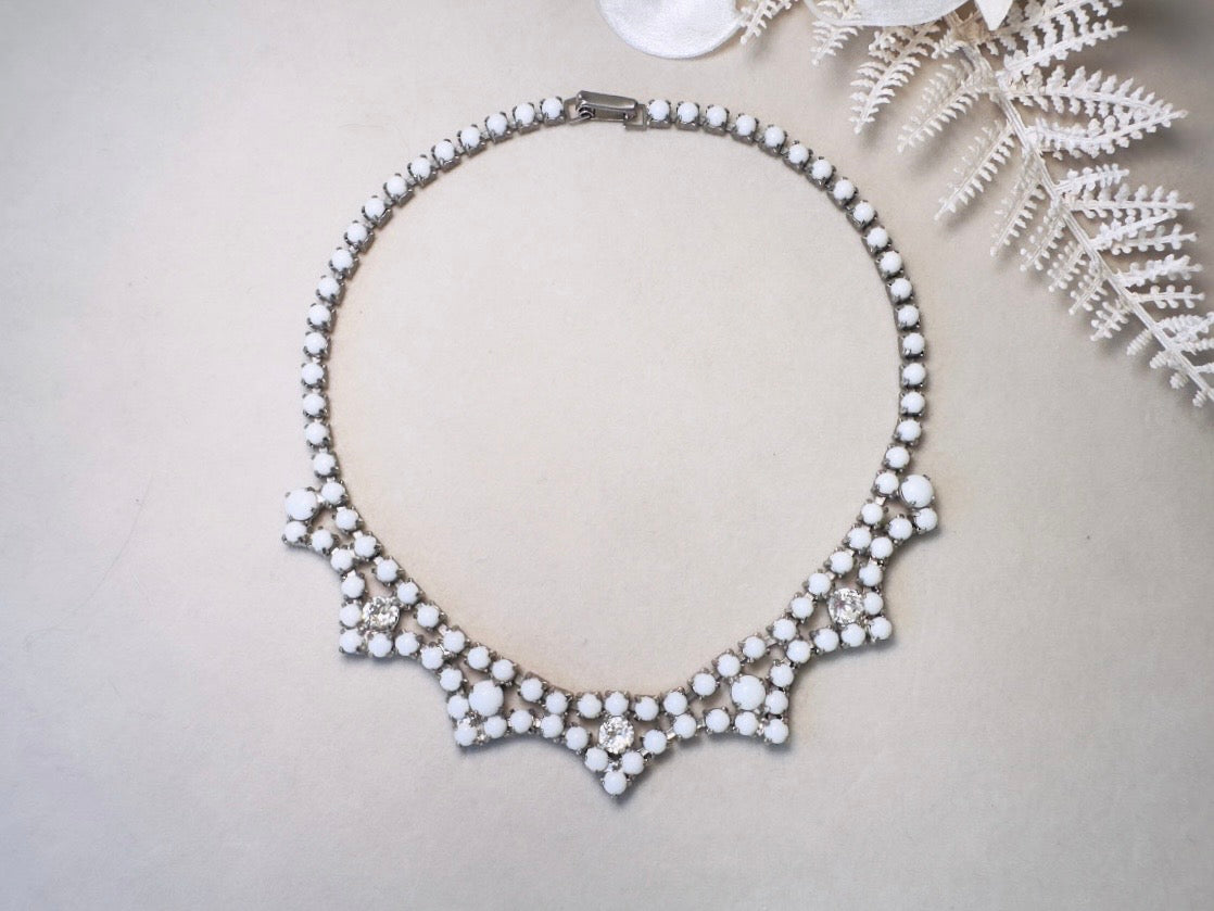 Milk Glass Choker Necklace, Art Deco Vintage Silver Necklace with Prong Set Rhinestones and Glass