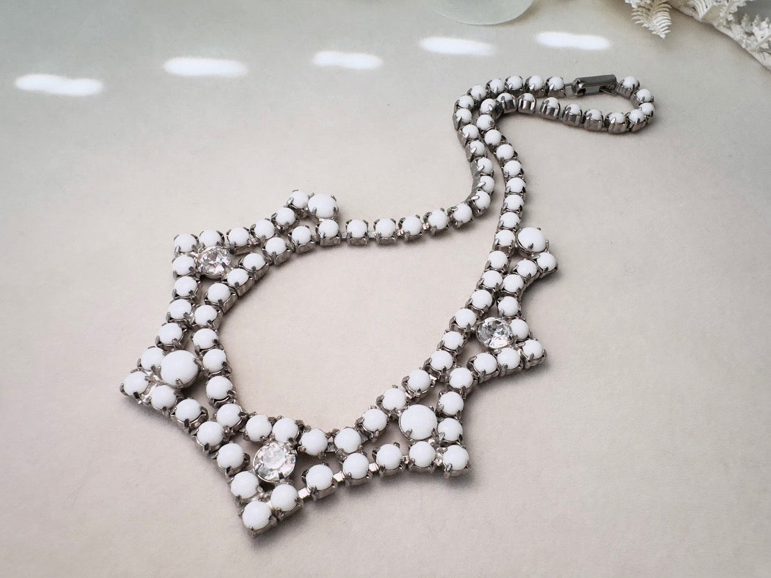 Milk Glass Choker Necklace, Art Deco Vintage Silver Necklace with Prong Set Rhinestones and Glass