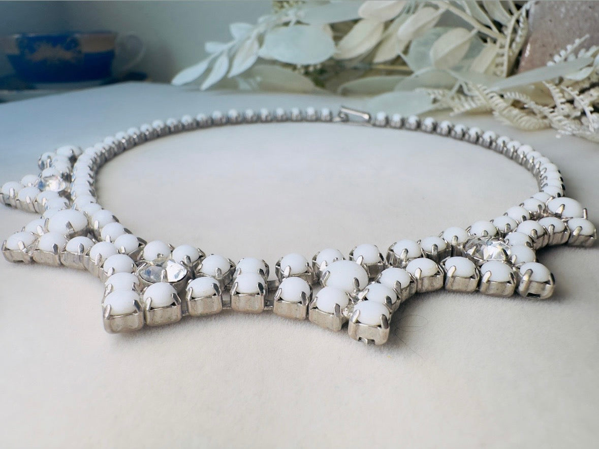 Milk Glass Choker Necklace, Art Deco Vintage Silver Necklace with Prong Set Rhinestones and Glass