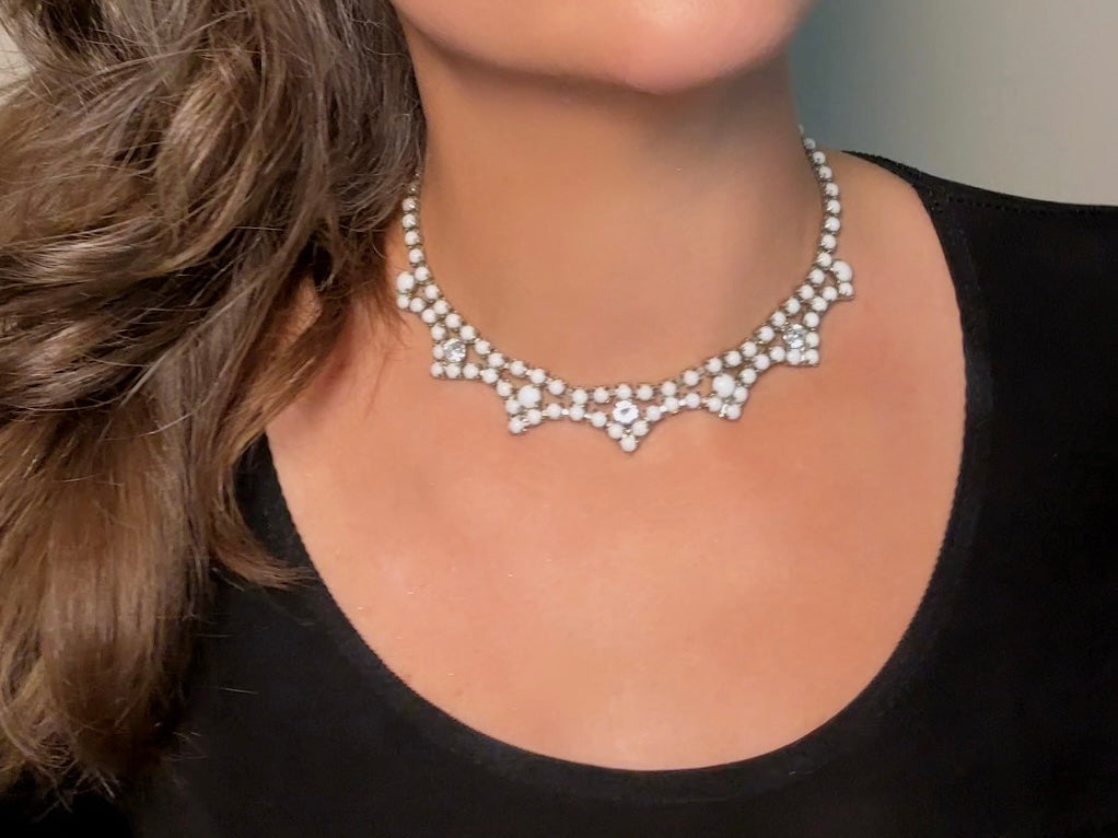 Milk Glass Choker Necklace, Art Deco Vintage Silver Necklace with Prong Set Rhinestones and Glass