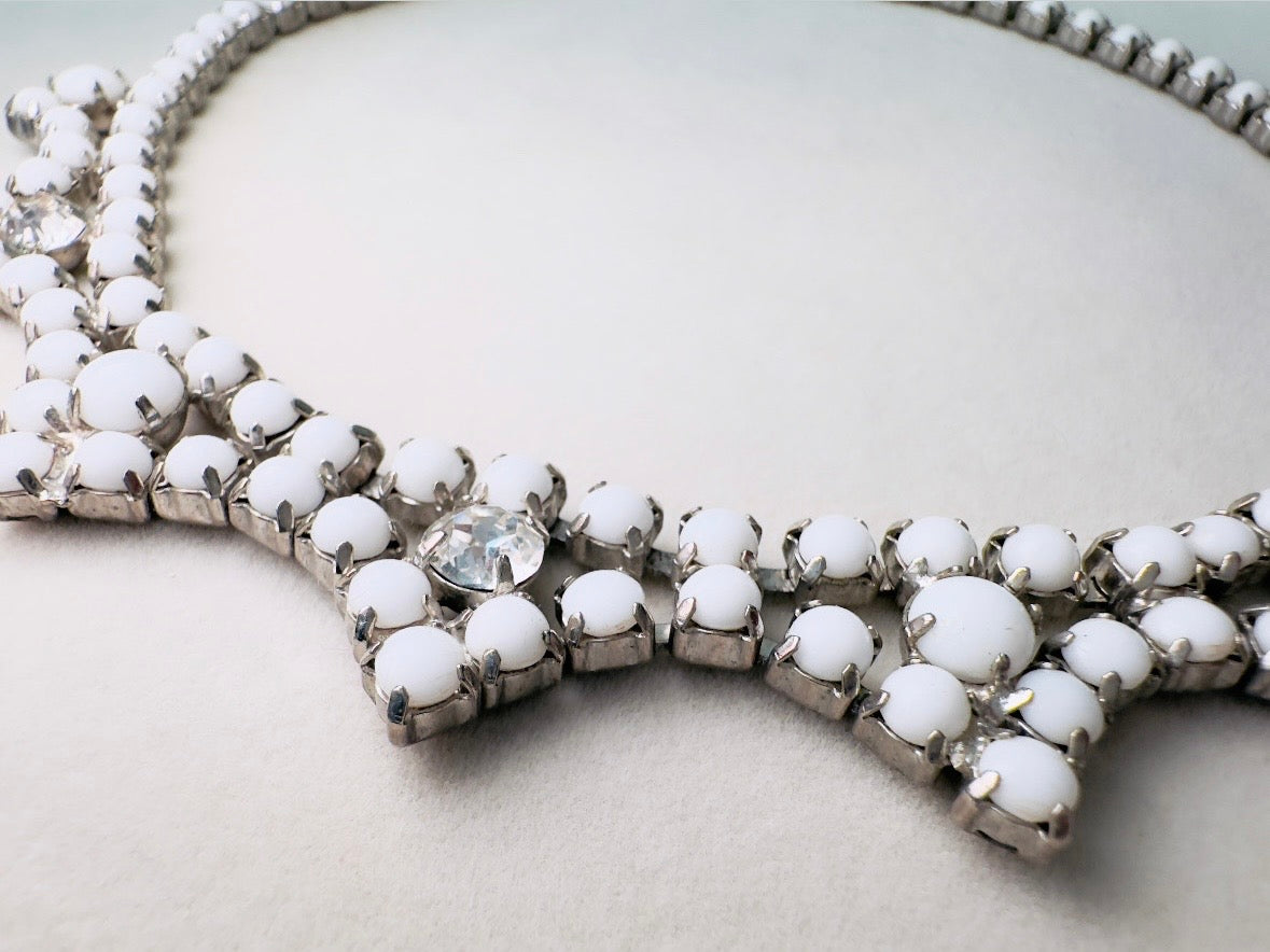 Milk Glass Choker Necklace, Art Deco Vintage Silver Necklace with Prong Set Rhinestones and Glass
