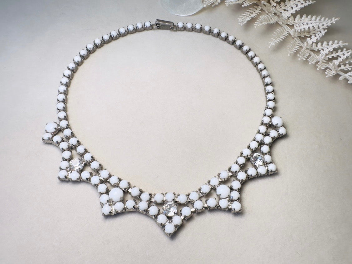 Milk Glass Choker Necklace, Art Deco Vintage Silver Necklace with Prong Set Rhinestones and Glass