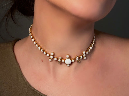 Milk Glass Choker Necklace, Stunning 1960s Vintage Necklace, Elegant White and Gold Choker with Prong Set Rhinestones Art Deco Motif
