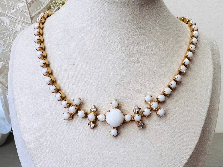 Milk Glass Choker Necklace, Stunning 1960s Vintage Necklace, Elegant White and Gold Choker with Prong Set Rhinestones Art Deco Motif