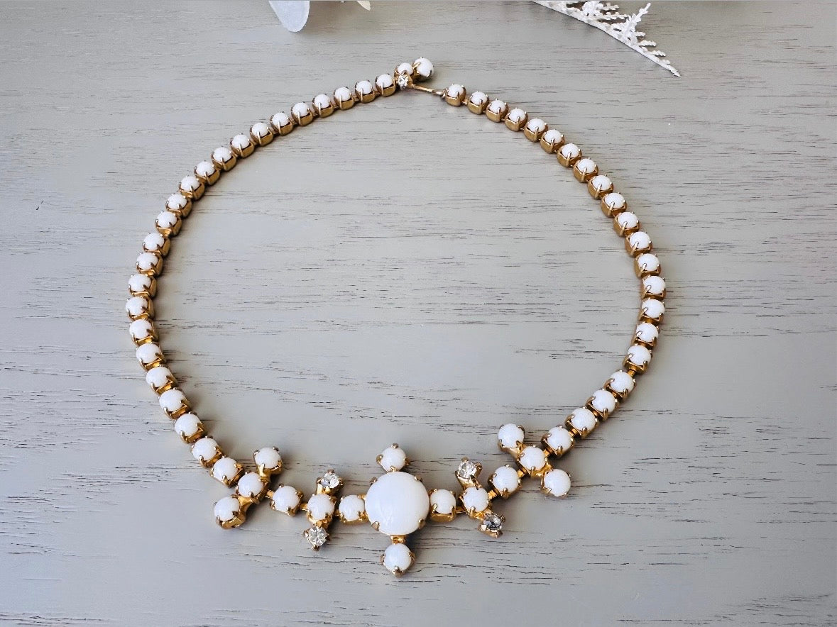 Milk Glass Choker Necklace, Stunning 1960s Vintage Necklace, Elegant White and Gold Choker with Prong Set Rhinestones Art Deco Motif