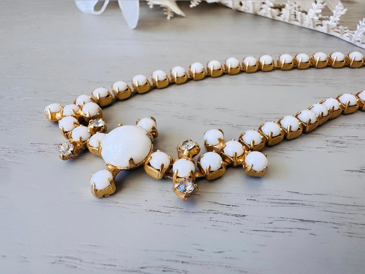 Milk Glass Choker Necklace, Stunning 1960s Vintage Necklace, Elegant White and Gold Choker with Prong Set Rhinestones Art Deco Motif