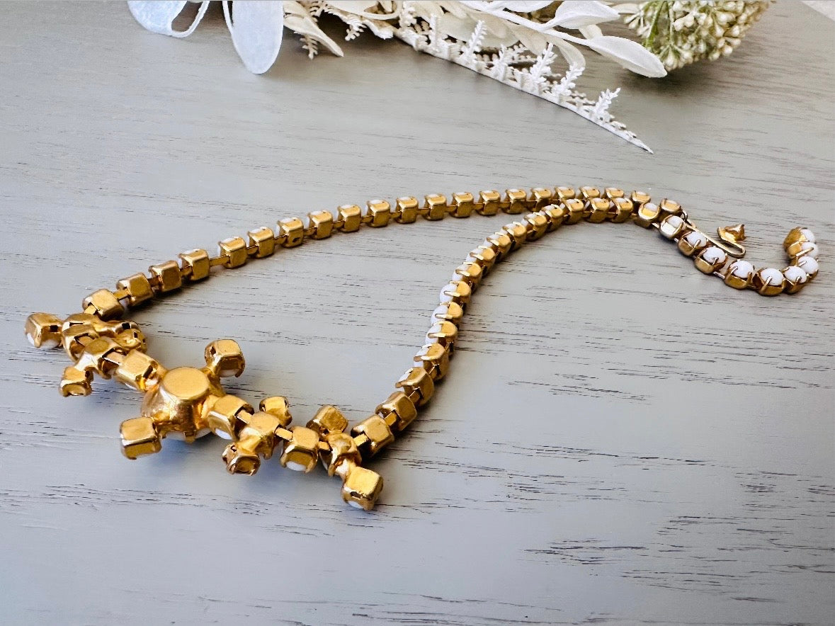 Milk Glass Choker Necklace, Stunning 1960s Vintage Necklace, Elegant White and Gold Choker with Prong Set Rhinestones Art Deco Motif
