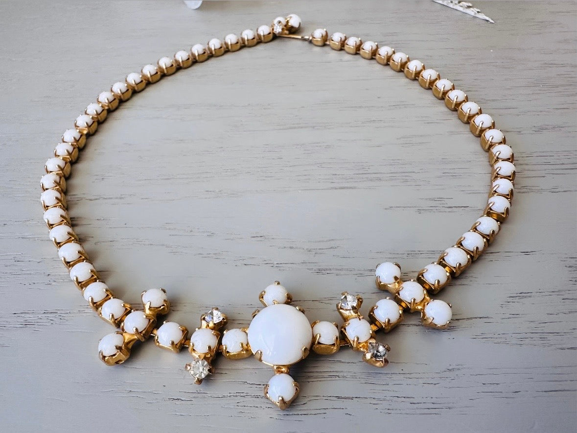 Milk Glass Choker Necklace, Stunning 1960s Vintage Necklace, Elegant White and Gold Choker with Prong Set Rhinestones Art Deco Motif