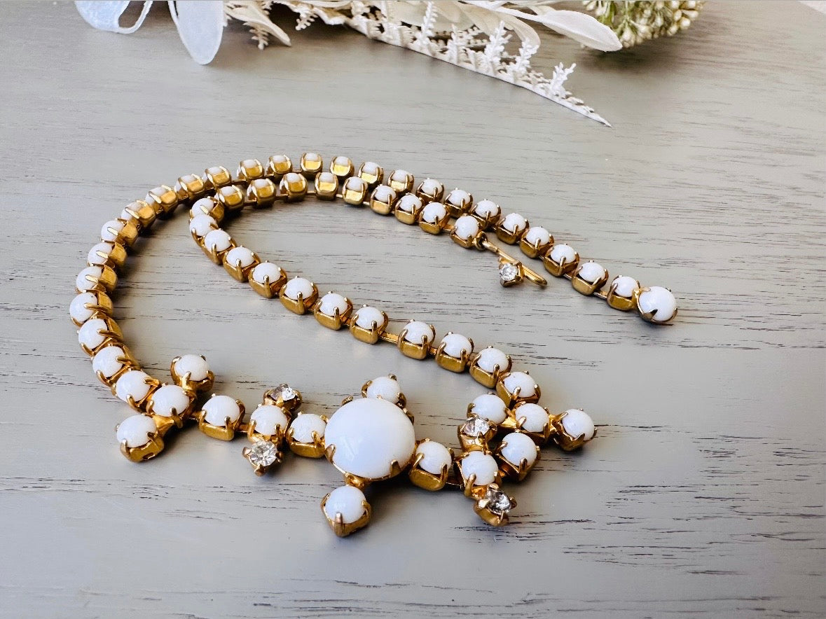 Milk Glass Choker Necklace, Stunning 1960s Vintage Necklace, Elegant White and Gold Choker with Prong Set Rhinestones Art Deco Motif