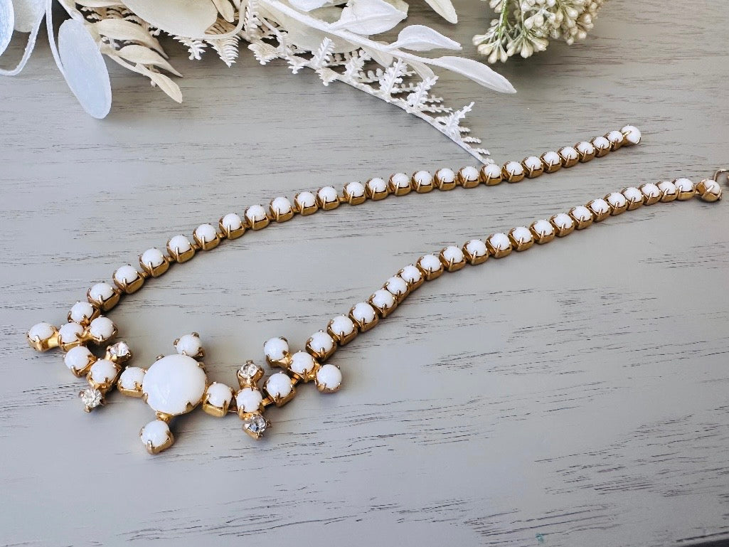 Milk Glass Choker Necklace, Stunning 1960s Vintage Necklace, Elegant White and Gold Choker with Prong Set Rhinestones Art Deco Motif