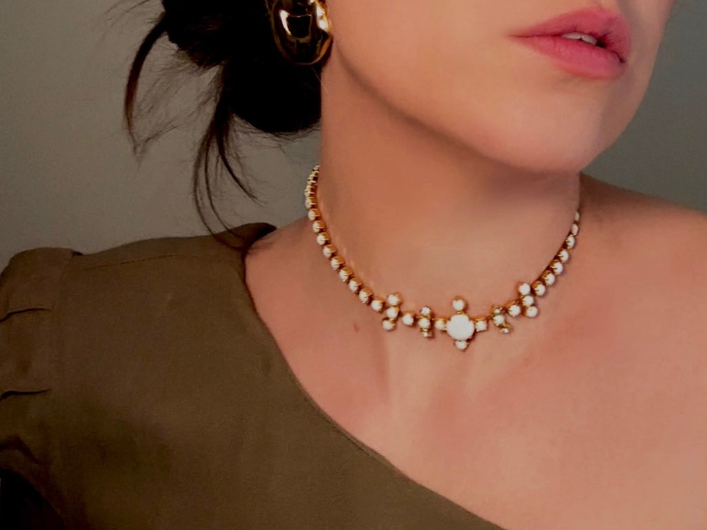 Milk Glass Choker Necklace, Stunning 1960s Vintage Necklace, Elegant White and Gold Choker with Prong Set Rhinestones Art Deco Motif