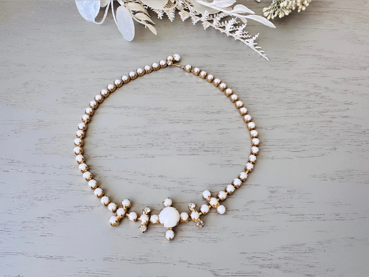 Milk Glass Choker Necklace, Stunning 1960s Vintage Necklace, Elegant White and Gold Choker with Prong Set Rhinestones Art Deco Motif