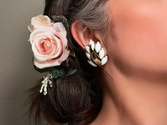 Milk Glass Earrings, Vintage Marquise White Glass Leaf Statement Earrings, Unique Gold Feather Clip Ons