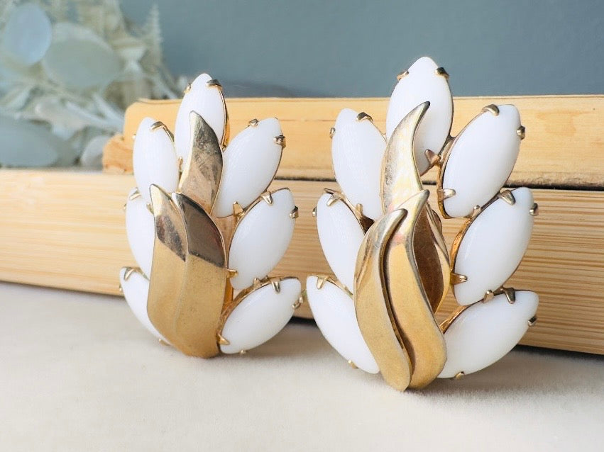 Milk Glass Earrings, Vintage Marquise White Glass Leaf Statement Earrings, Unique Gold Feather Clip Ons
