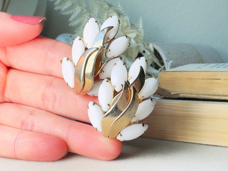 Milk Glass Earrings, Vintage Marquise White Glass Leaf Statement Earrings, Unique Gold Feather Clip Ons