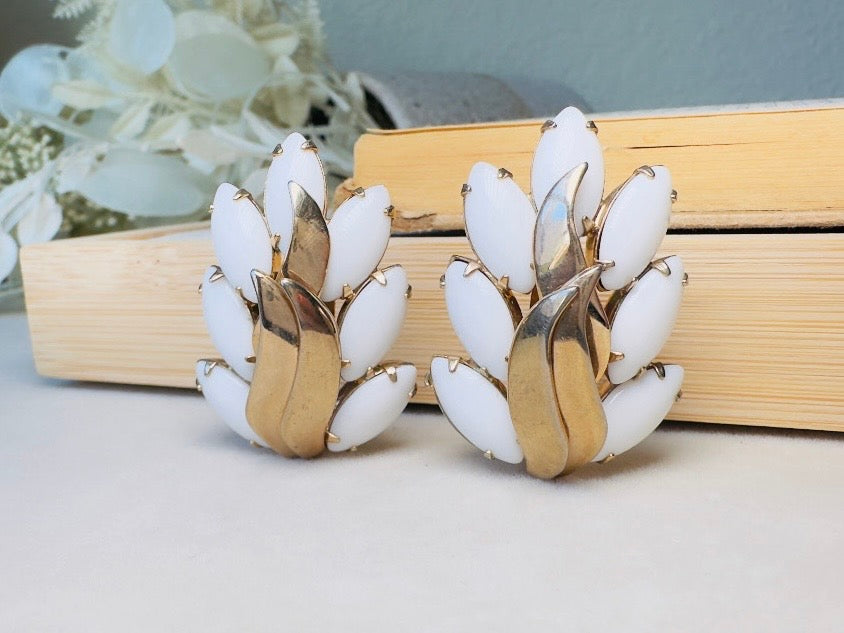 Milk Glass Earrings, Vintage Marquise White Glass Leaf Statement Earrings, Unique Gold Feather Clip Ons