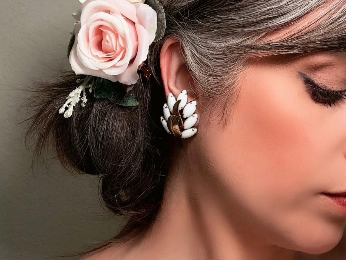 Milk Glass Earrings, Vintage Marquise White Glass Leaf Statement Earrings, Unique Gold Feather Clip Ons