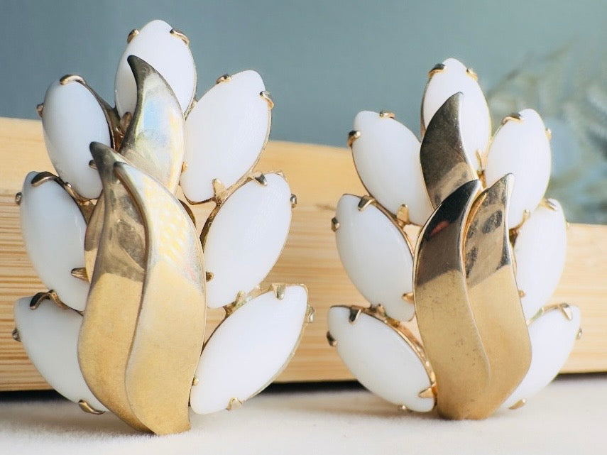 Milk Glass Earrings, Vintage Marquise White Glass Leaf Statement Earrings, Unique Gold Feather Clip Ons