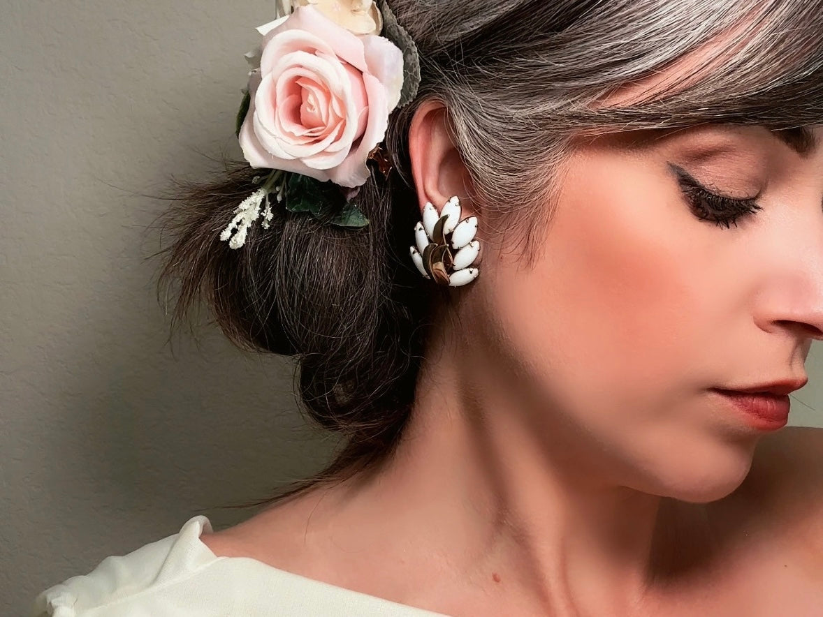 Milk Glass Earrings, Vintage Marquise White Glass Leaf Statement Earrings, Unique Gold Feather Clip Ons