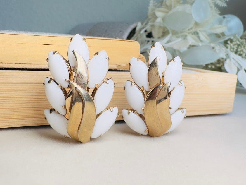 Milk Glass Earrings, Vintage Marquise White Glass Leaf Statement Earrings, Unique Gold Feather Clip Ons