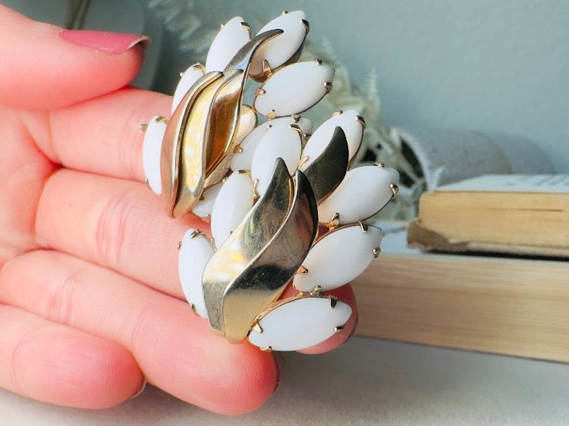 Milk Glass Earrings, Vintage Marquise White Glass Leaf Statement Earrings, Unique Gold Feather Clip Ons