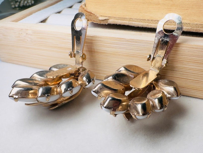 Milk Glass Earrings, Vintage Marquise White Glass Leaf Statement Earrings, Unique Gold Feather Clip Ons