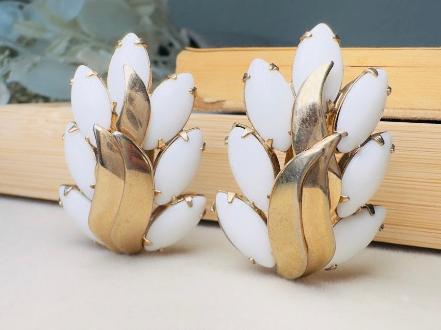 Milk Glass Earrings, Vintage Marquise White Glass Leaf Statement Earrings, Unique Gold Feather Clip Ons