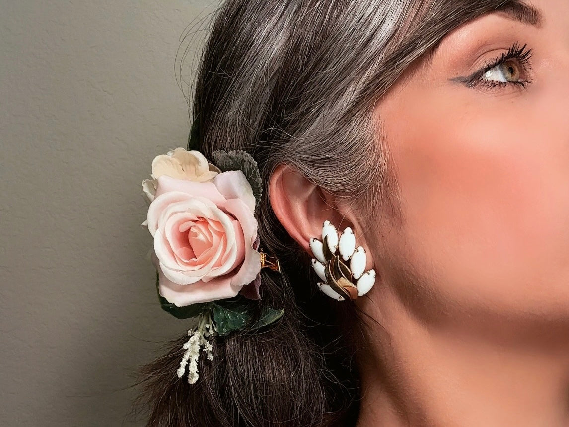 Milk Glass Earrings, Vintage Marquise White Glass Leaf Statement Earrings, Unique Gold Feather Clip Ons