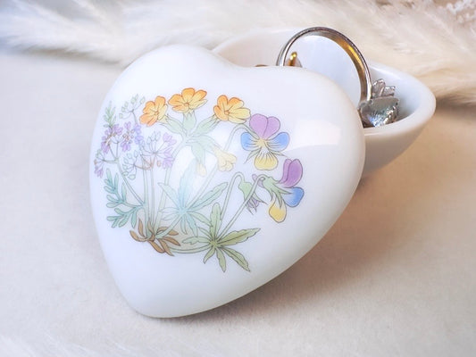 Miniature Jewelry Box, Vintage Japanese White Porcelain Floral Trinket Box with Peach and Purple Flowers