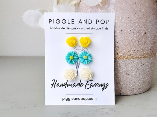 Mint + Yellow Flower Stud Earring Set, Floral Post Earrings, Mint Gerber Daisy Earrings, Yellow Rose Earrings, Hypoallergenic Posts + Backs handmade by Piggle and Pop