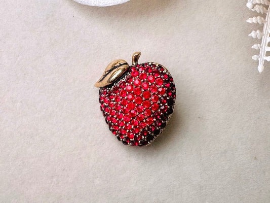 Monet Apple Brooch, Vintage Rhinestone Apple Pin, Designer Vintage Fruit Broach, Gold with Rhinestones