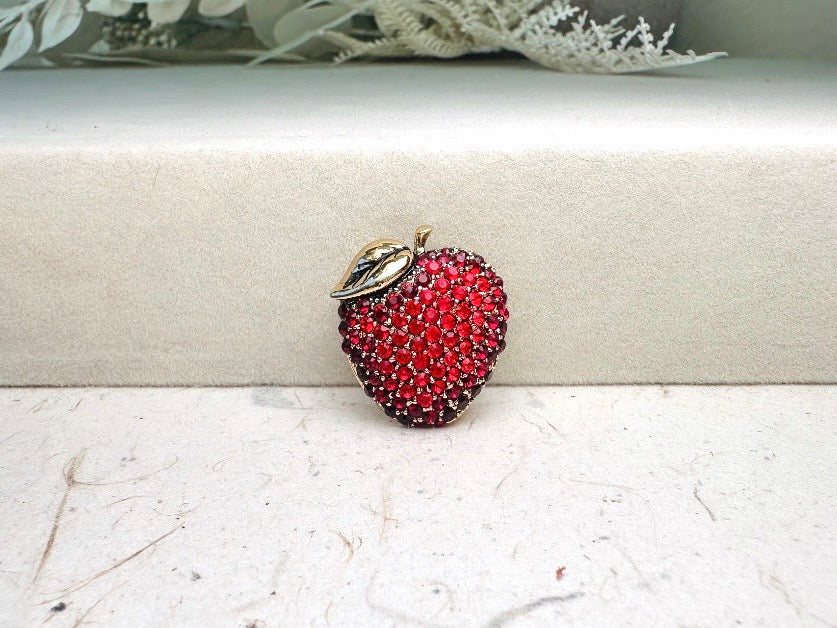 Monet Apple Brooch, Vintage Rhinestone Apple Pin, Designer Vintage Fruit Broach, Gold with Rhinestones