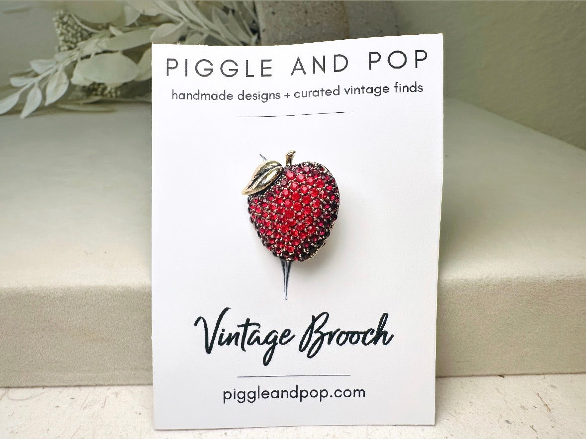 Monet Apple Brooch, Vintage Rhinestone Apple Pin, Designer Vintage Fruit Broach, Gold with Rhinestones